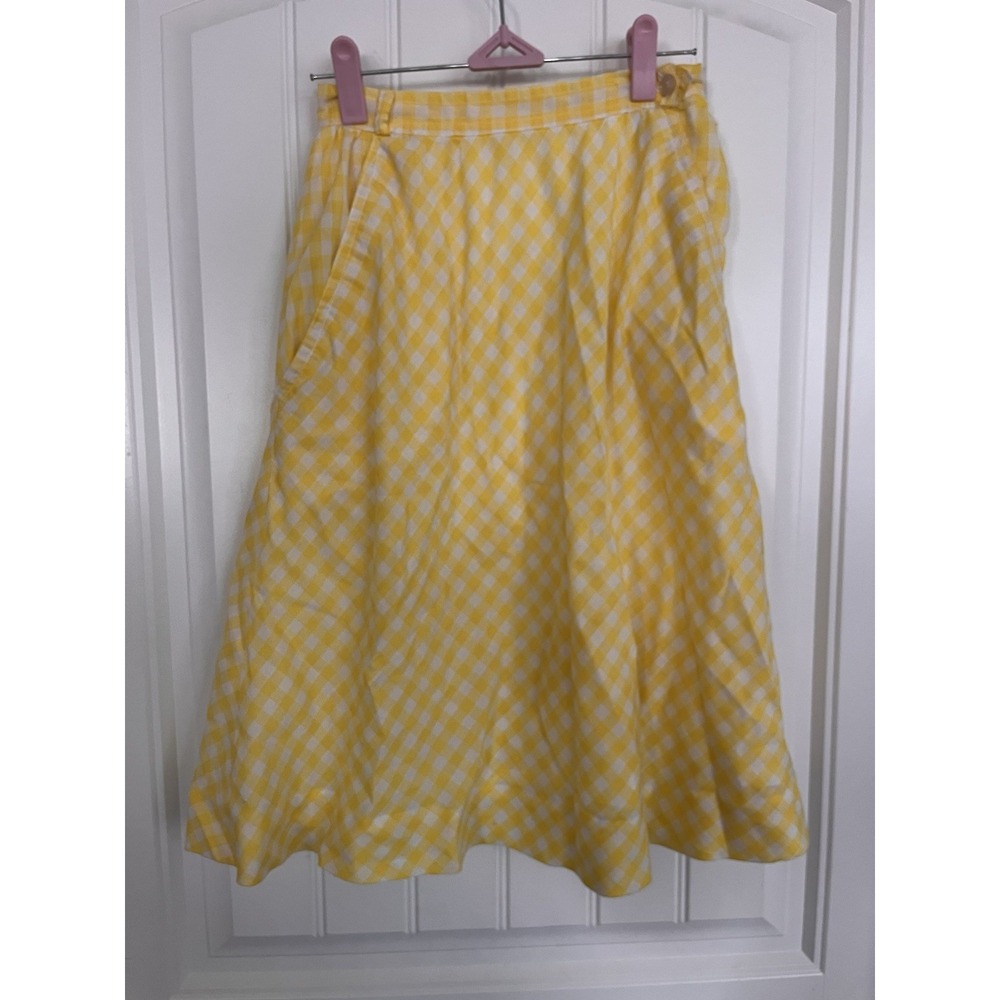 Vintage 70's Gingham Yellow Skirt Size 4 Small Midi‎ A Line Pocket
